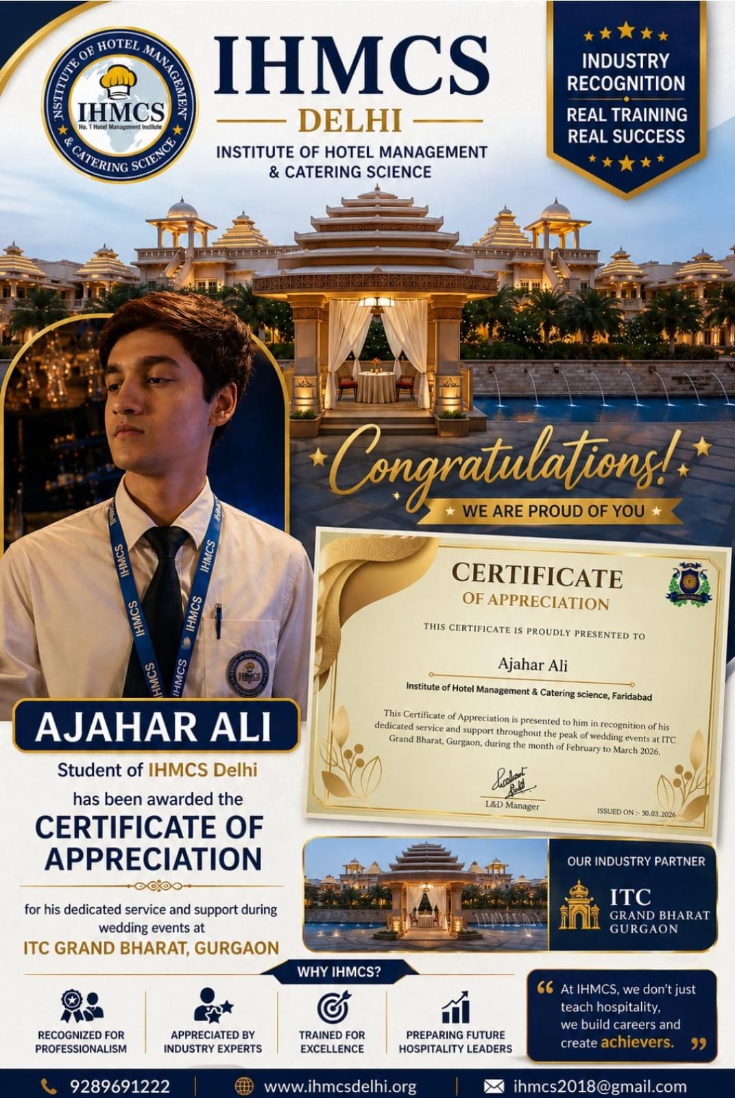 Certificate of Appreciation - ITC Grand Bharat